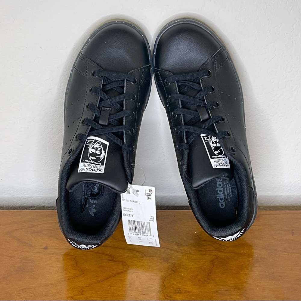 Adidas Originals Stan Smith J Black Leather Sneakers Kid's Size 5 EE7575 - Picture 4 of 6